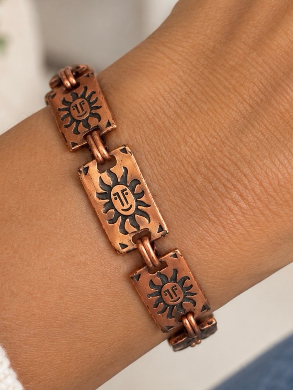 Vintage Southwestern Solid Copper Sunface Panel Link Bracelet Fold-Over Clasp